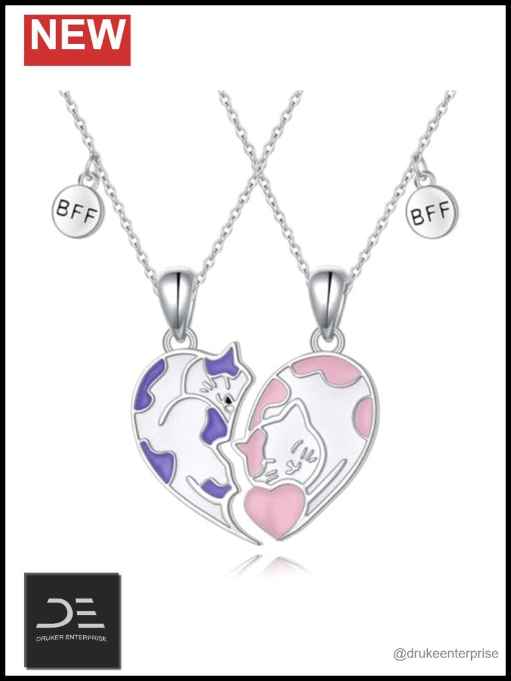925 Sterling Silver Cat BFF Matching Friendship Necklaces for 2